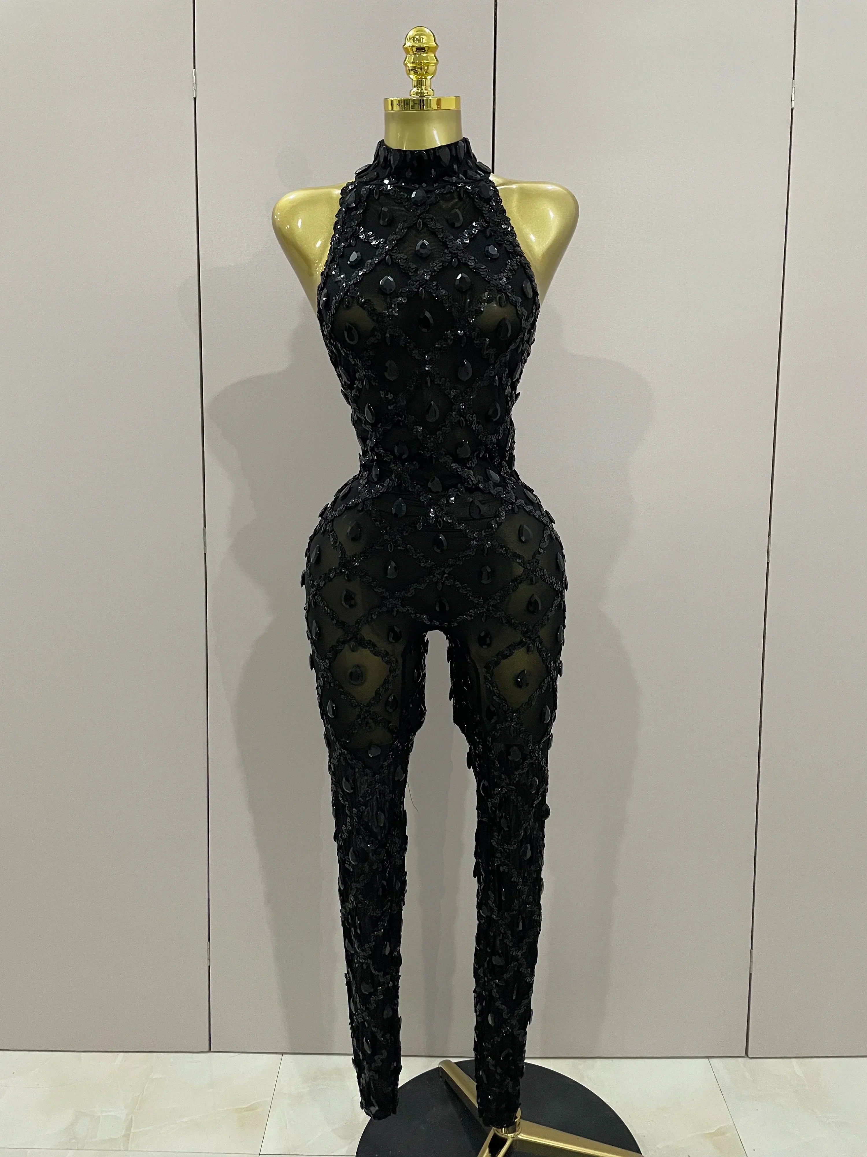 Scranton Sparkly Black Diamond Mesh See THhrough Jumpsuit