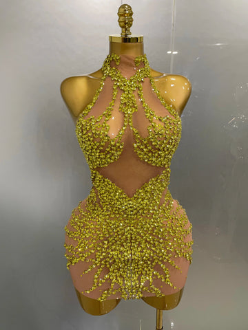 Elmira Rhinestones Sexy Mesh See Through Dress Party Evening Dress