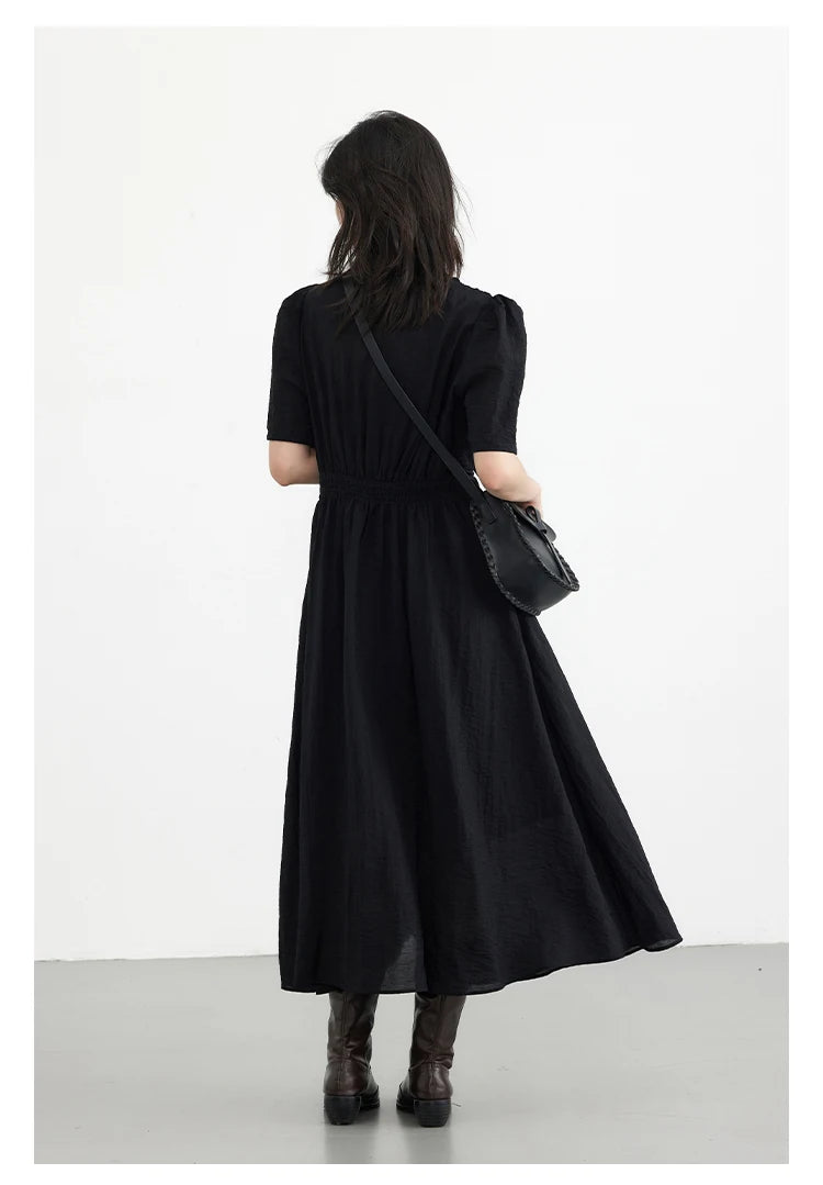French Style Vintage V Neck Puff Sleeve Solid Black Loose Long Dress