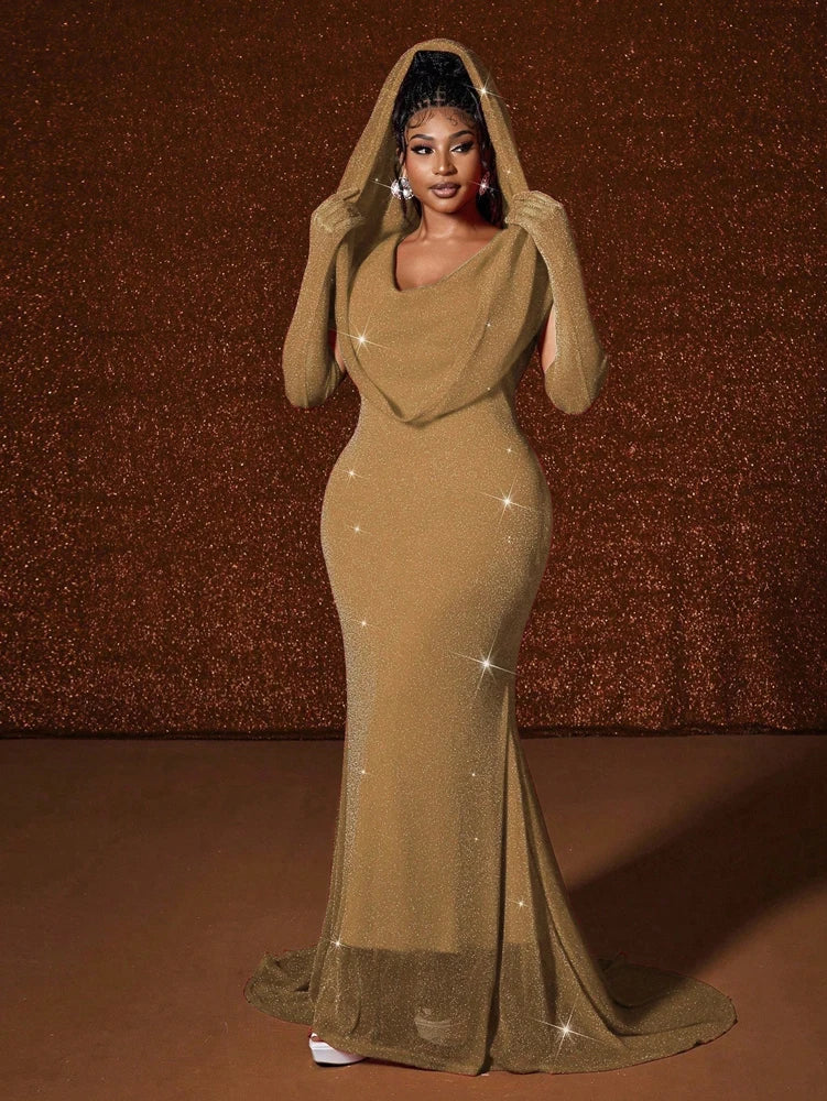 Plus Size Waistband Hot Gold Fish Tail Swing Long Solid Colour Fishtail Slim Dress
