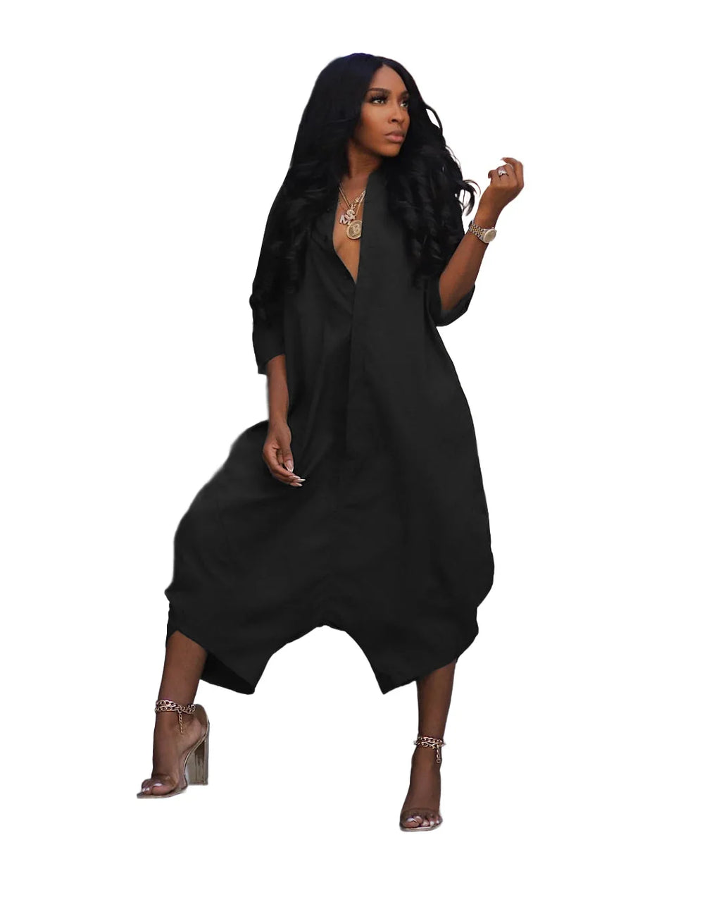 Women Plus Size Jumpsuit Business Casual Black Pocket Harem Rompers Single
