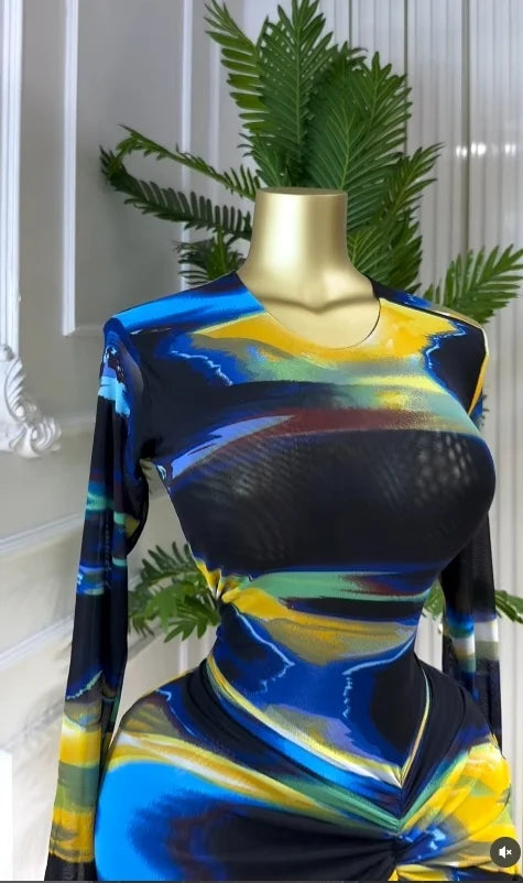 La Gloria Tie Dye Print Ruched Stacked Long Sleeve Bodycon Maxi Dress