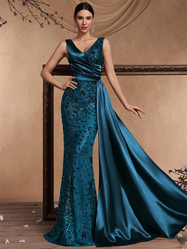 Puebla Elegant V Neck Splice Ribbons Sequins Sleeveless Mermaid Formal Dress