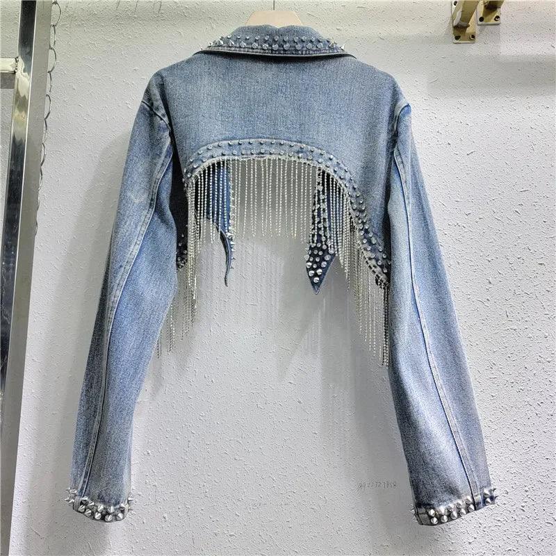 Stroadsburg Beaded Tassels Rivets Crystal Fringed Backless Cowboy Jacket