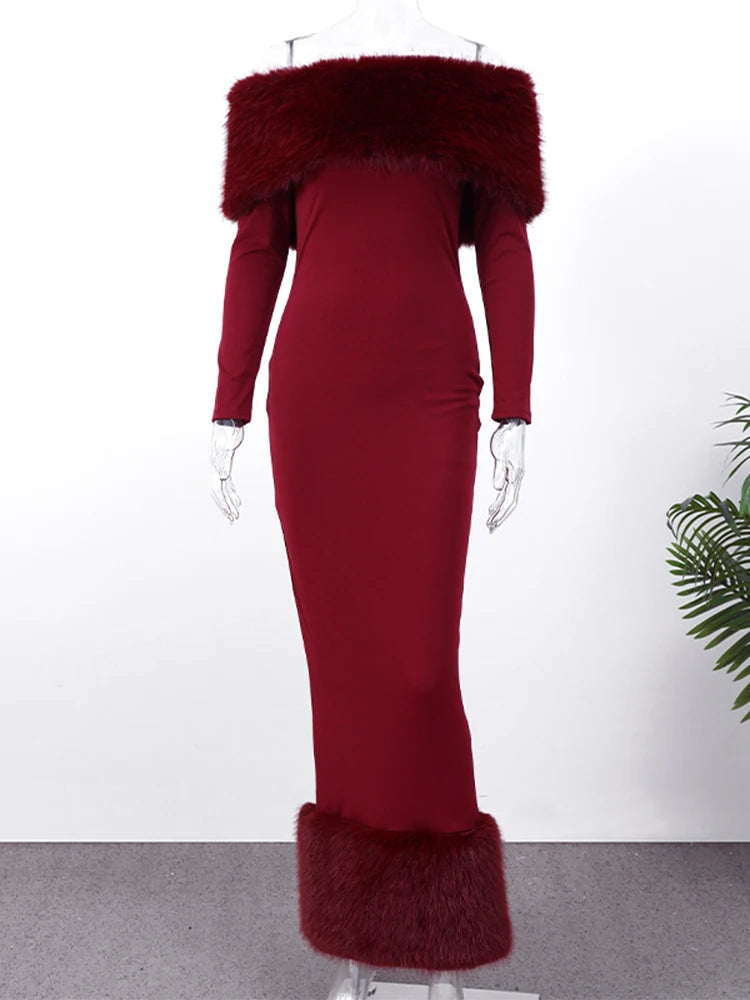 La Zurza Strapless Faux Fur Patchwork Sexy Off Shoulder Full Sleeve Cinched-waist Bodycon Dress