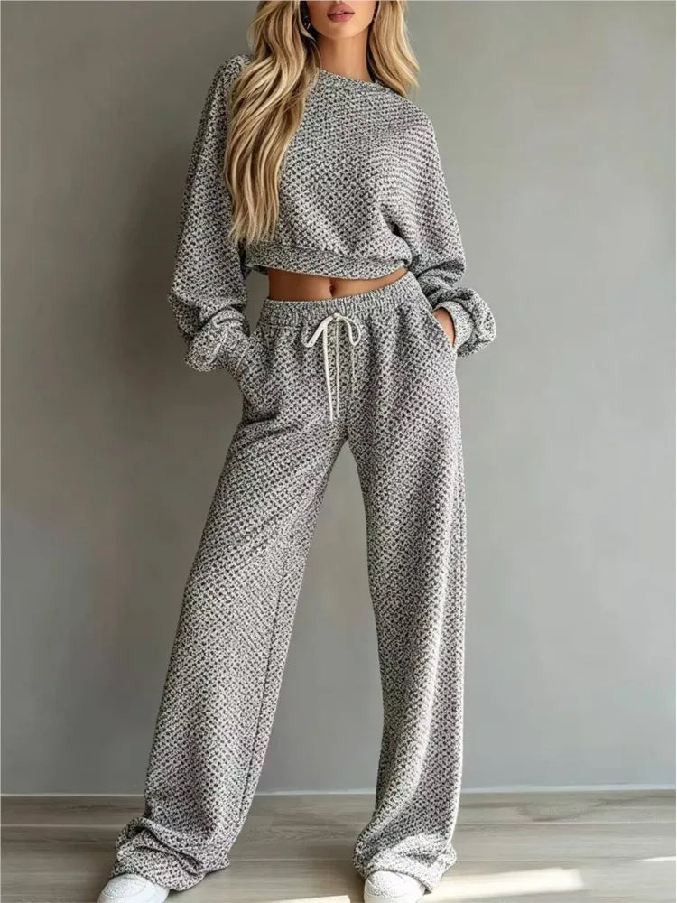 Eimy Long Sleeve Textured Lounge Wear Two Piece Sets