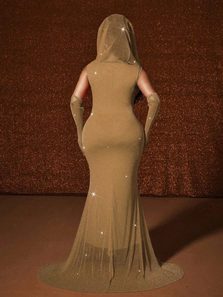 Plus Size Waistband Hot Gold Fish Tail Swing Long Solid Colour Fishtail Slim Dress