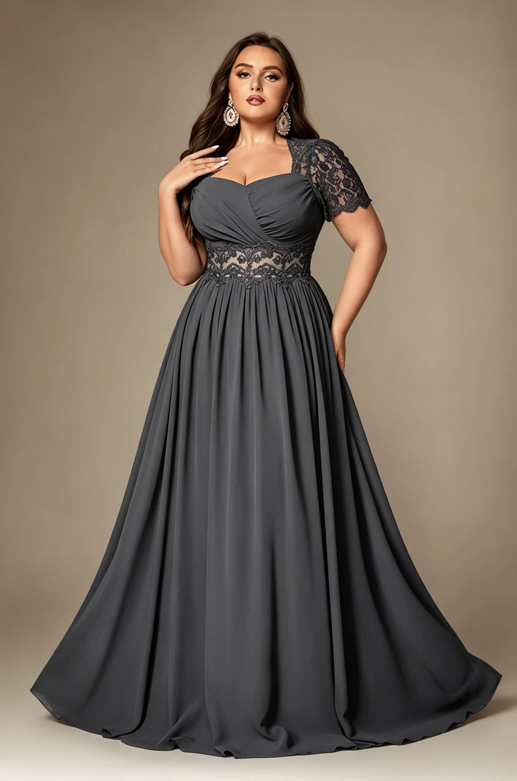 Paterson Plus Size A Line Lace Short Sleeved Formal Evening Gown Sheer High-Waisted Maxi Dress