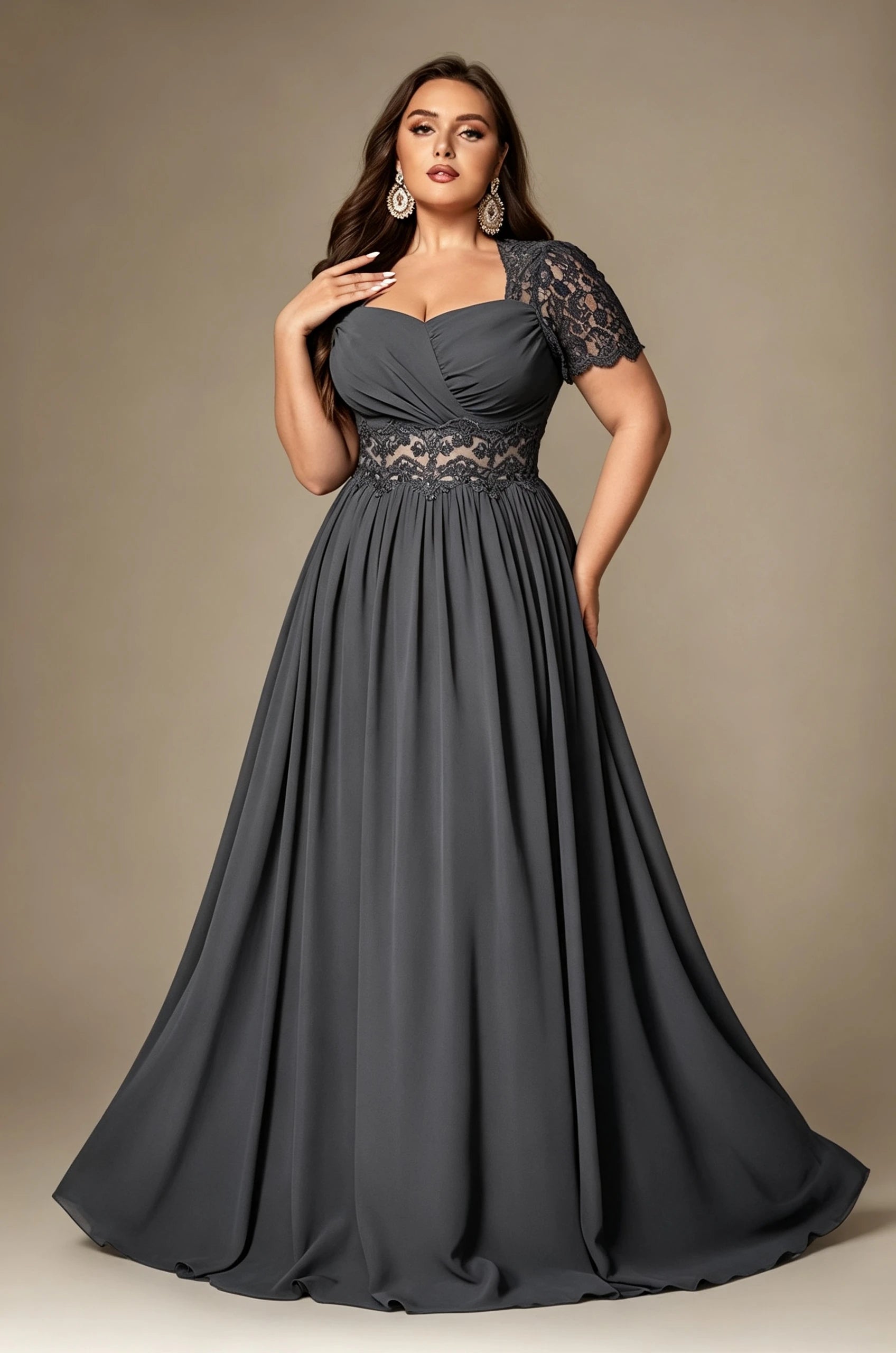 Paterson Plus Size A Line Lace Short Sleeved Formal Evening Gown Sheer High-Waisted Maxi Dress