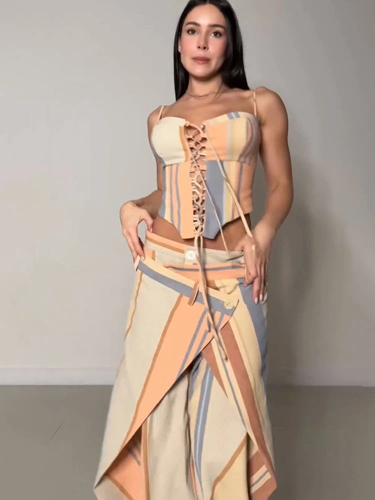 Sanely Patchwork Slash Neck Lace Up Two Piece Sets