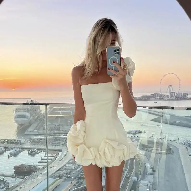La Playa Elegant Temperament Party Flower Sleeveless Off-Shoulder Sexy Pleated Dress
