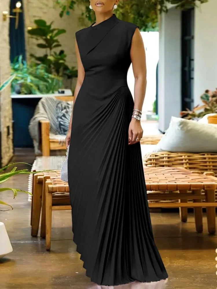 Lake Harry Solid Color Sleeveless High Neck Party High Waist Pleated Dress