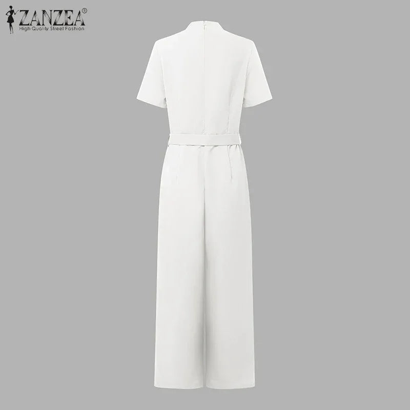 Weirton High Waist Jumpsuits Workwear Belt Rompers Solid Deep V Neck Elegant Overalls