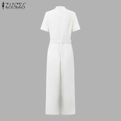 Weirton High Waist Jumpsuits Workwear Belt Rompers Solid Deep V Neck Elegant Overalls