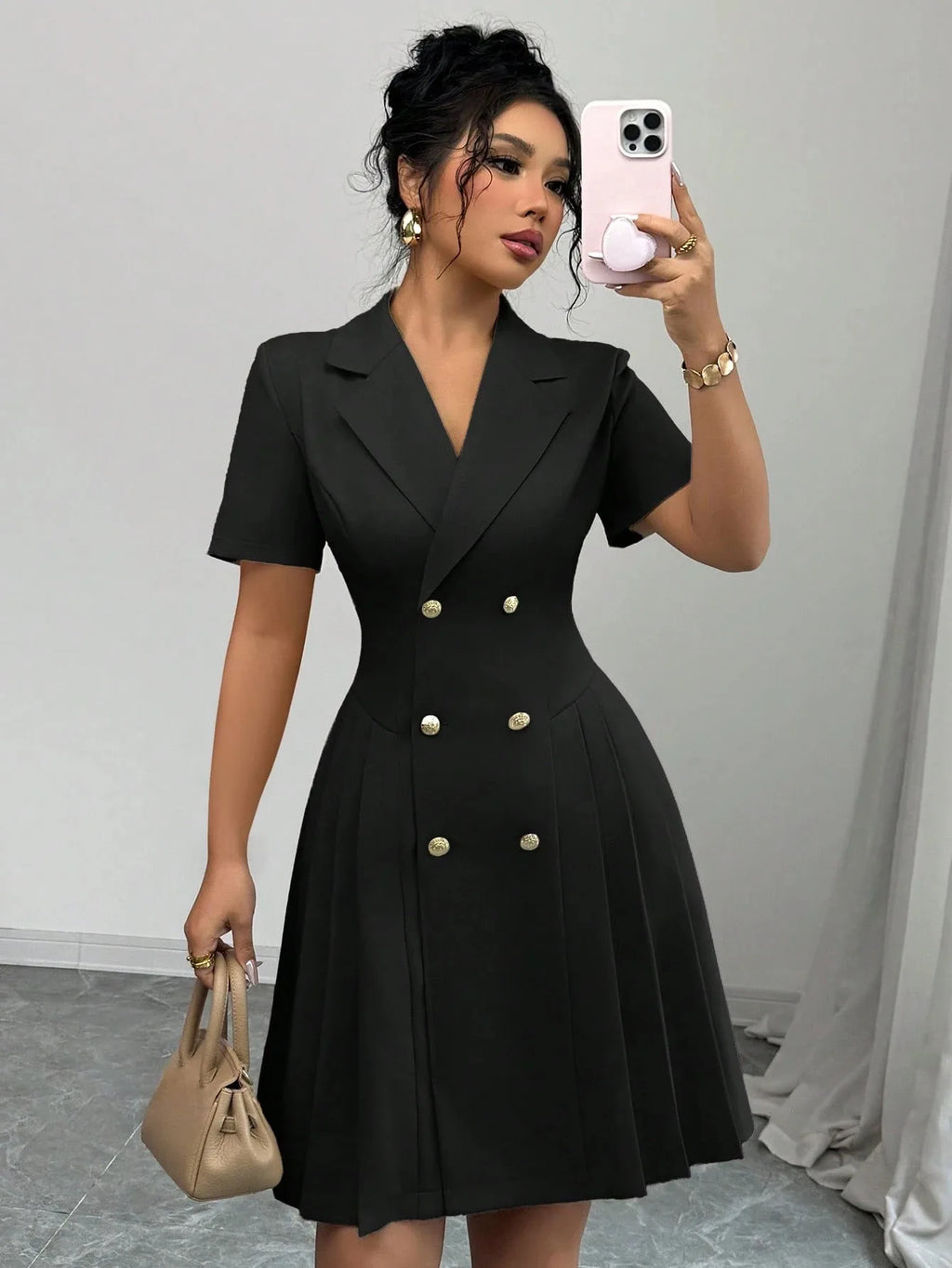All Ways Solid Color Notched Lapel Double Breasted Short Sleeve Slim Midi Dress