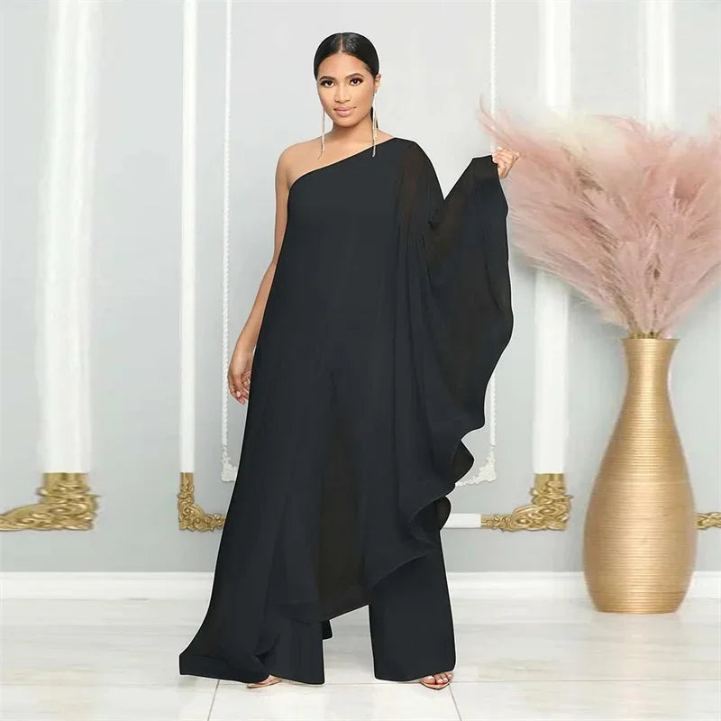Oldwick Elegant Chiffon One Shoulder Wide Leg Jumpsuit