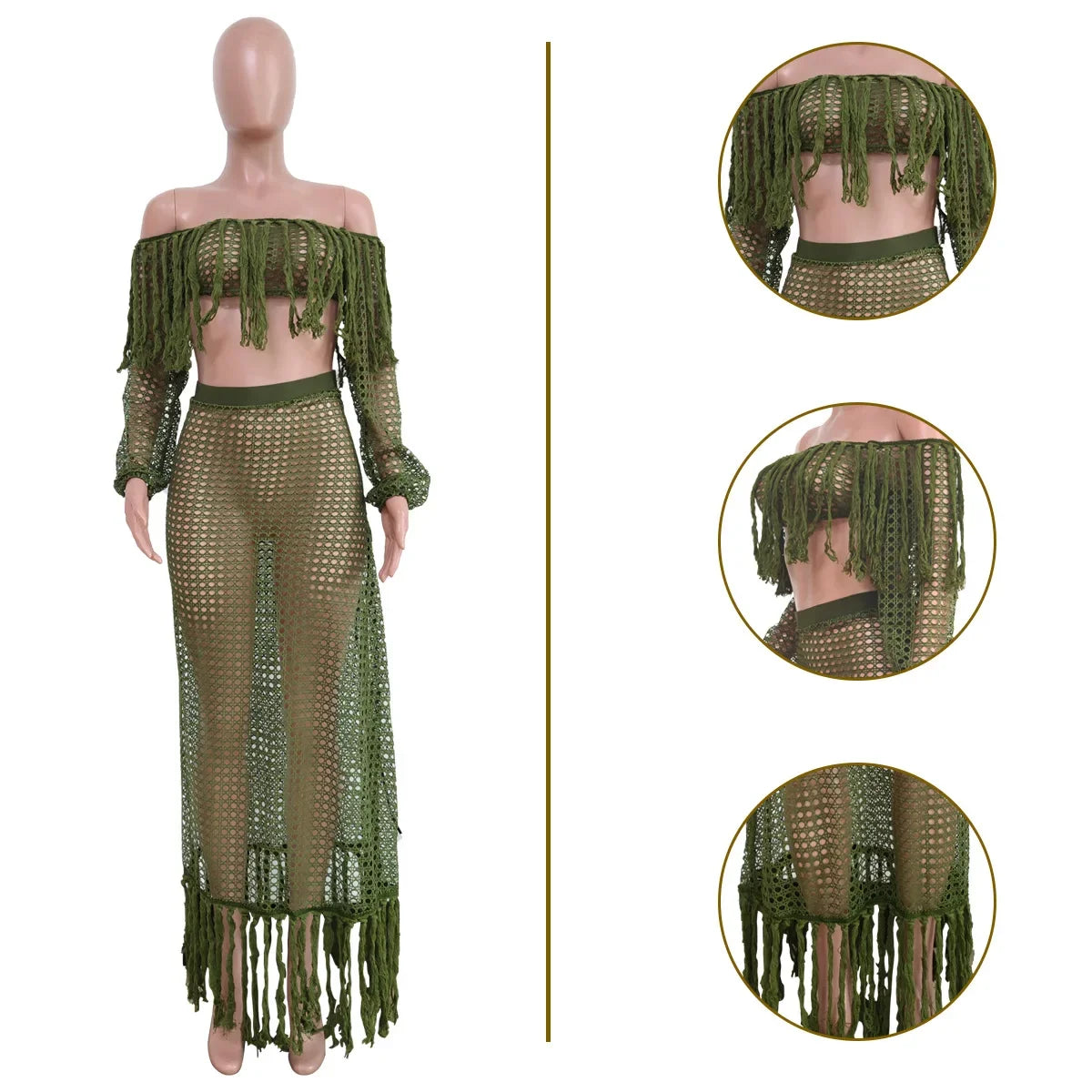 Off Shoulder Tassel Hollow Out Beach Set