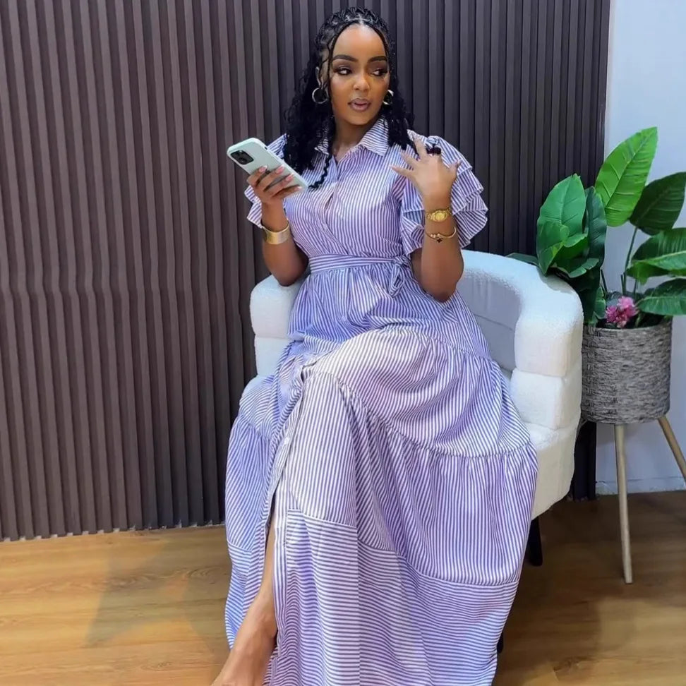 Rutherford Striped Butterfly Sleeve Loose High Waist Single Breasted Casual Long Dress