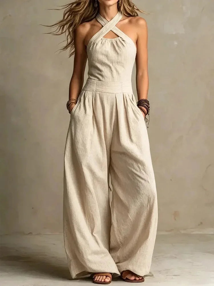 2026 Summer Jumpsuit Solid Color Hanging Neck Elegant Casual Versatile Simple Fashion Comfortable Daily Style Wide Leg Jumpsuit