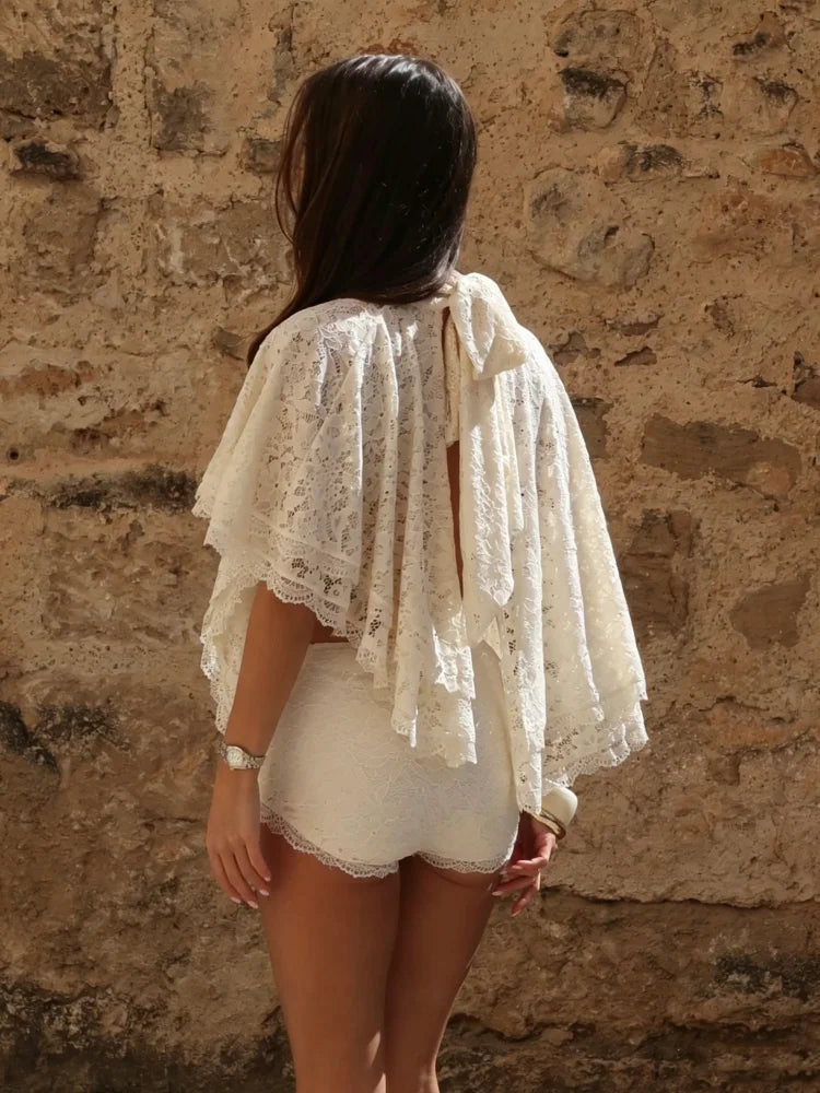 Alma Summer New Lace Backless Solid Two Piece Sets