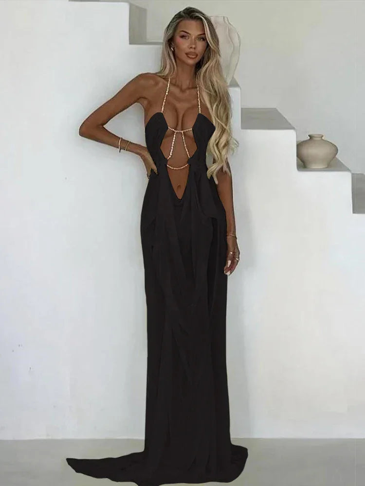 Pine Plains Sexy See Through Luxury Chain Halter Low Neck Backless Dress