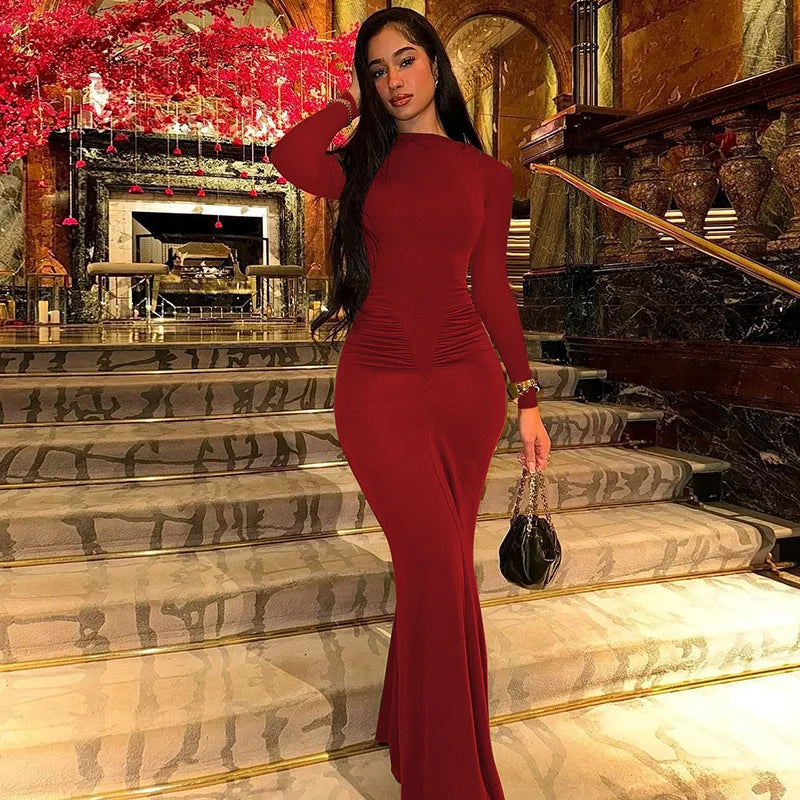 Shore Beach Solid Long Sleeve Draped Sexy Bodycon Maxi Party Dress