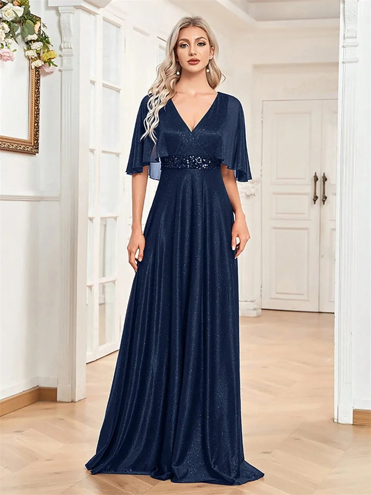 Pocono Elegant Shining Bat Sleeve Formal Evening Luxury A-line Gowns Dress