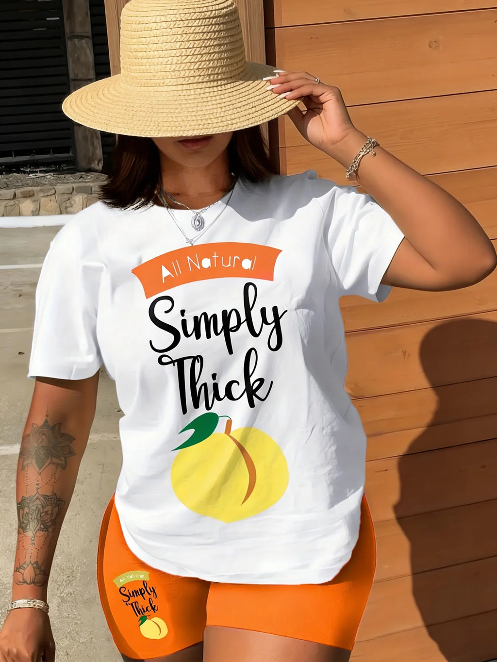 Lia Peach Letter Print Short-Sleeved Casual Two Piece Sets