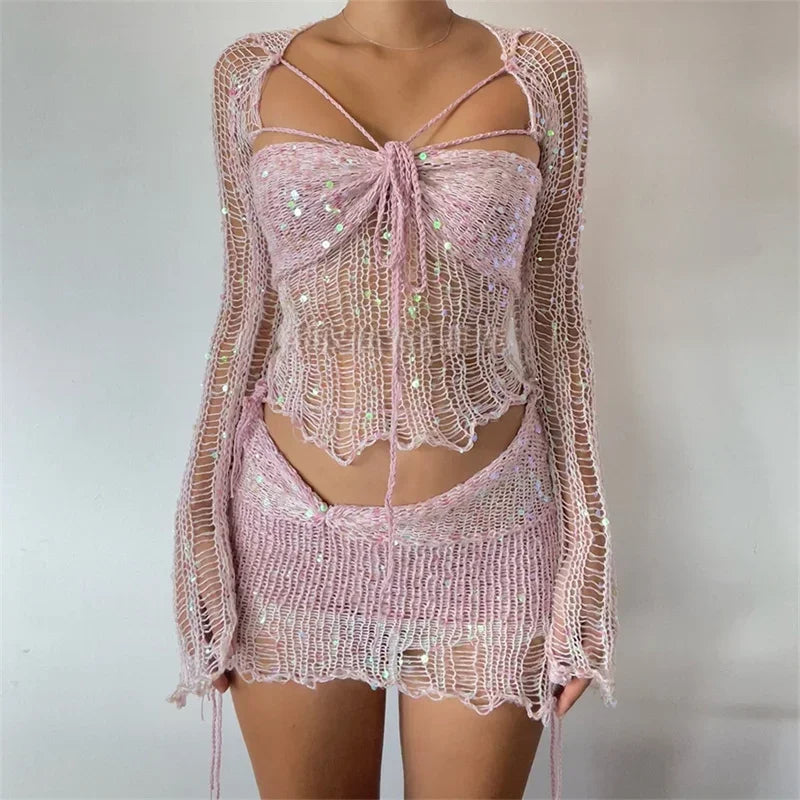 Ismel Glitter Sequins Knitted Two Piece Sets