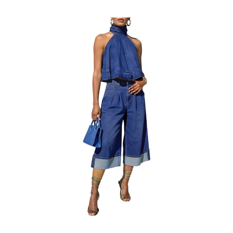 Tamara Halter Neck Sleeveless Cropped Two Piece Sets