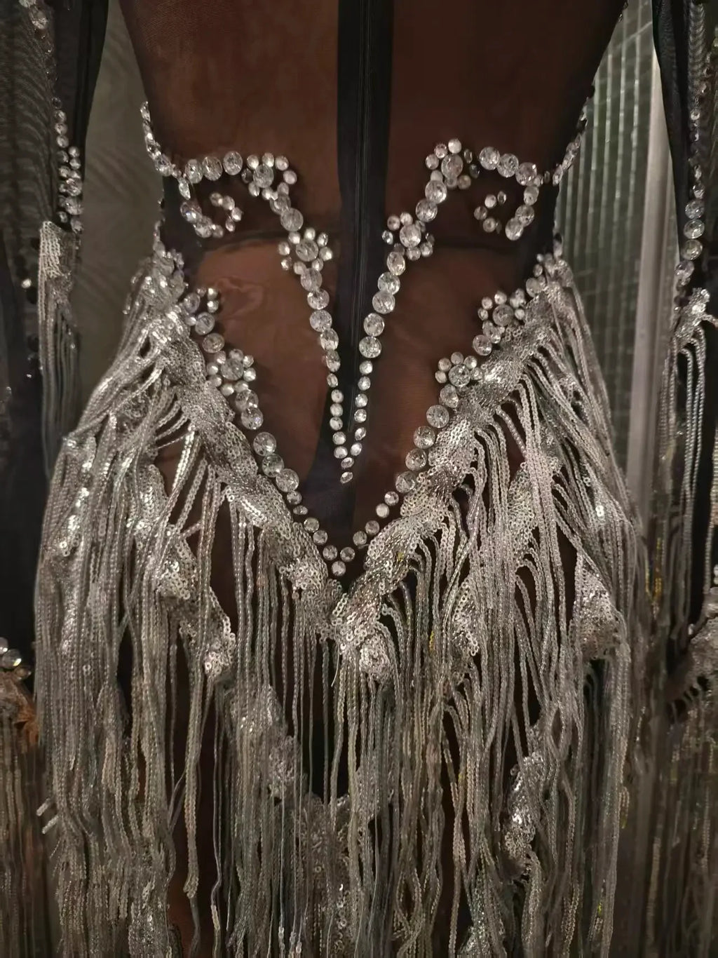 Carbondale Sparkly Rhinestone Tassel See Through Mesh Mini Dress
