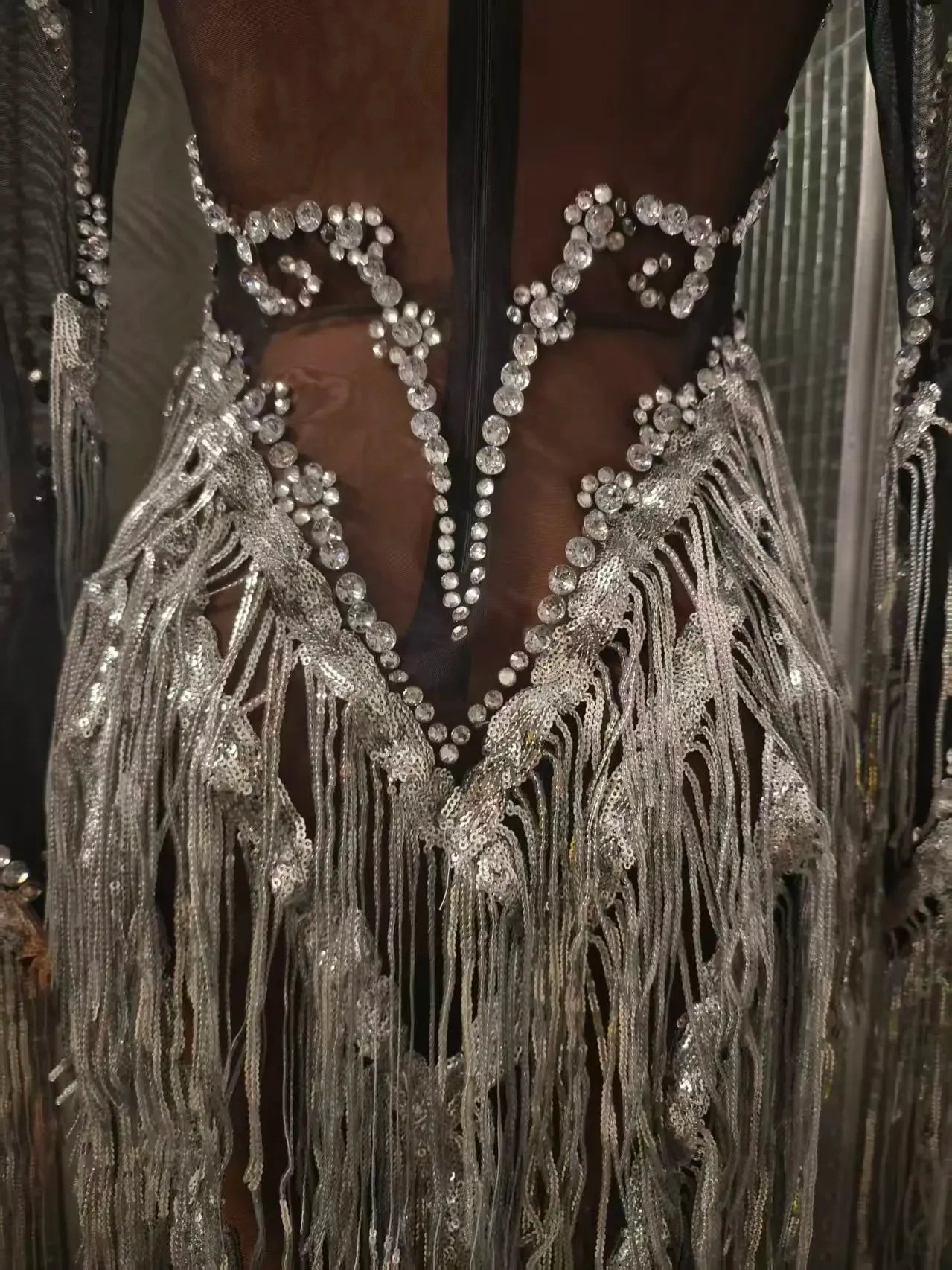 Carbondale Sparkly Rhinestone Tassel See Through Mesh Mini Dress