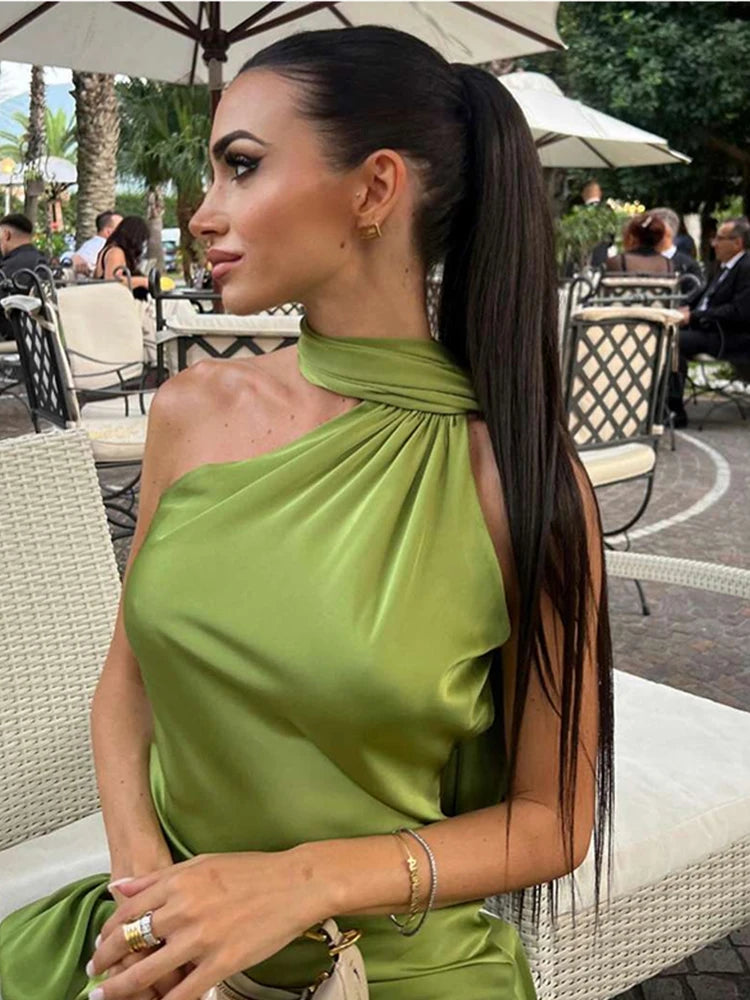 Califon Sexy Satin Ribbon Party Elegant Halter Backless Off Shoulder Sleeveless Maxi Dress