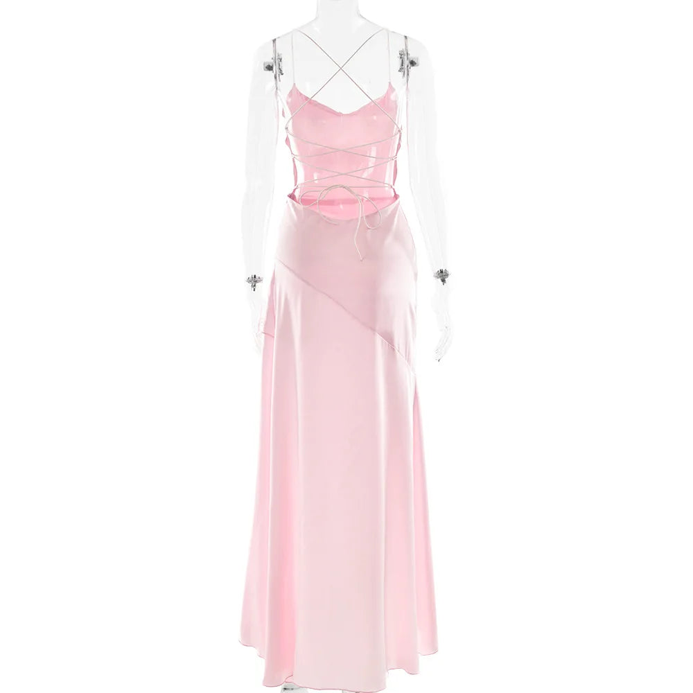 Stony Point Satin Long Dr with High Slit And Lace Trim Charming Dress