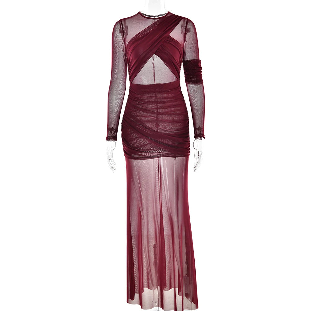 Kenilworth Mesh Patchwork Sheer Sexy Ruched Long Sleeve Bodycon Party Club Maxi Dress