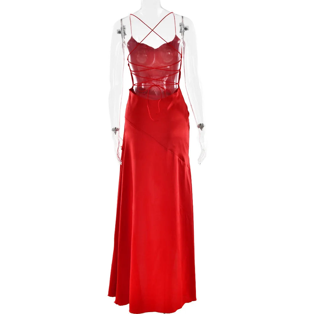 Stony Point Satin Long Dr with High Slit And Lace Trim Charming Dress