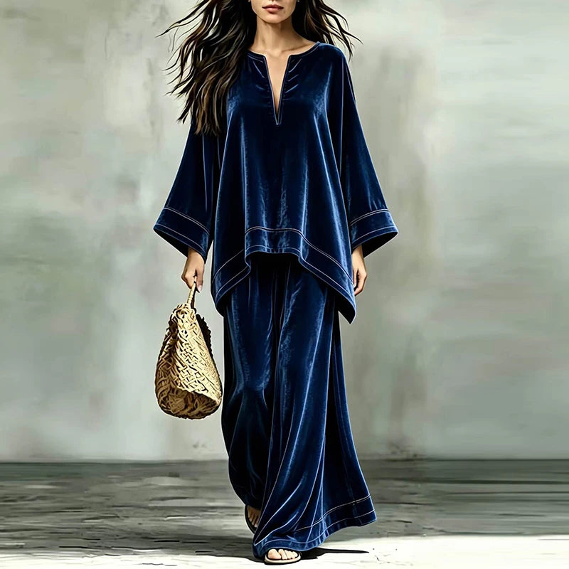 Flor Velvet V-neck Long Sleeved Two Piece Sets
