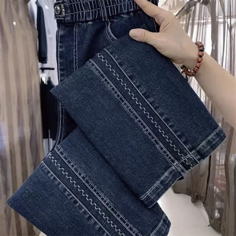 Fashion Women Jeans 2025 New Spring Autumn Korean Wild Elastic Waist Straight Denim