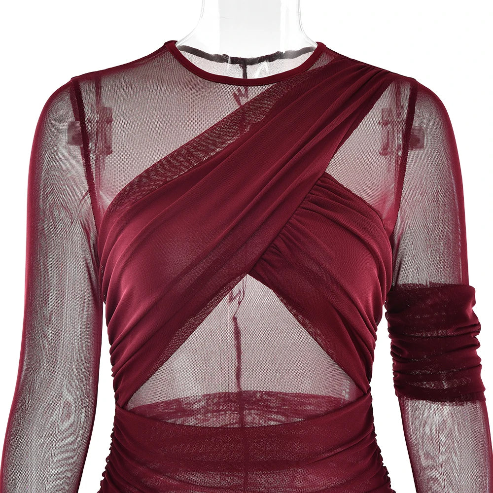 Kenilworth Mesh Patchwork Sheer Sexy Ruched Long Sleeve Bodycon Party Club Maxi Dress