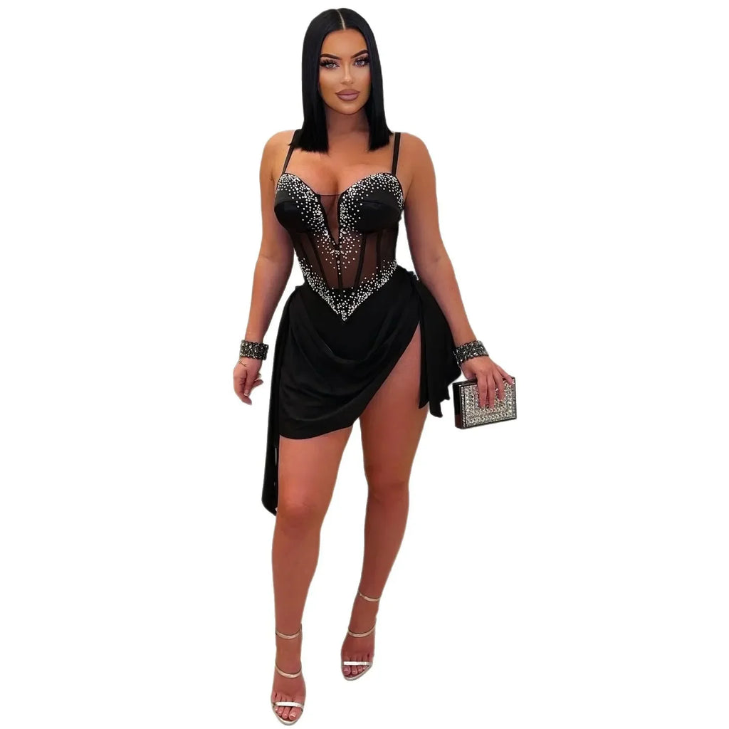 Mapleton Rhinestones Mesh Tunic Sleeveless Split Bodycon Midi Maxi