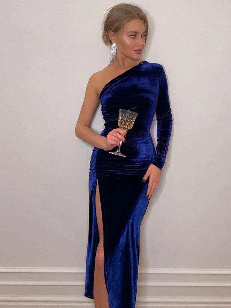 Westerleigh Elegant Long Sleeve Party Evening Velvet Bodycon Split Pencil Midi Dress