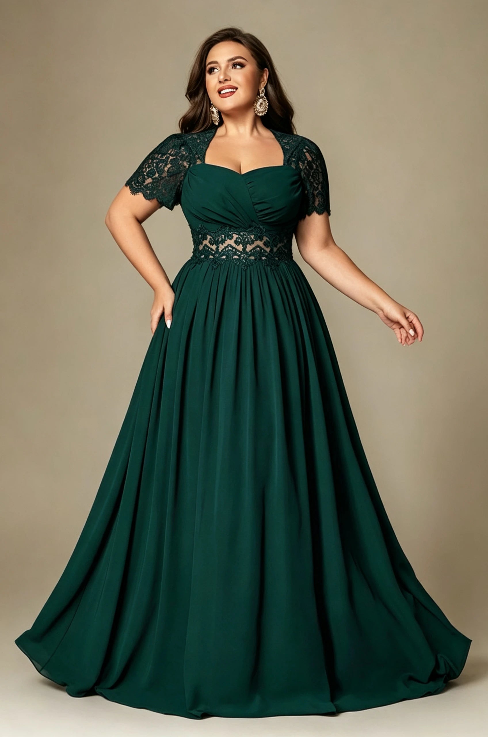Paterson Plus Size A Line Lace Short Sleeved Formal Evening Gown Sheer High-Waisted Maxi Dress