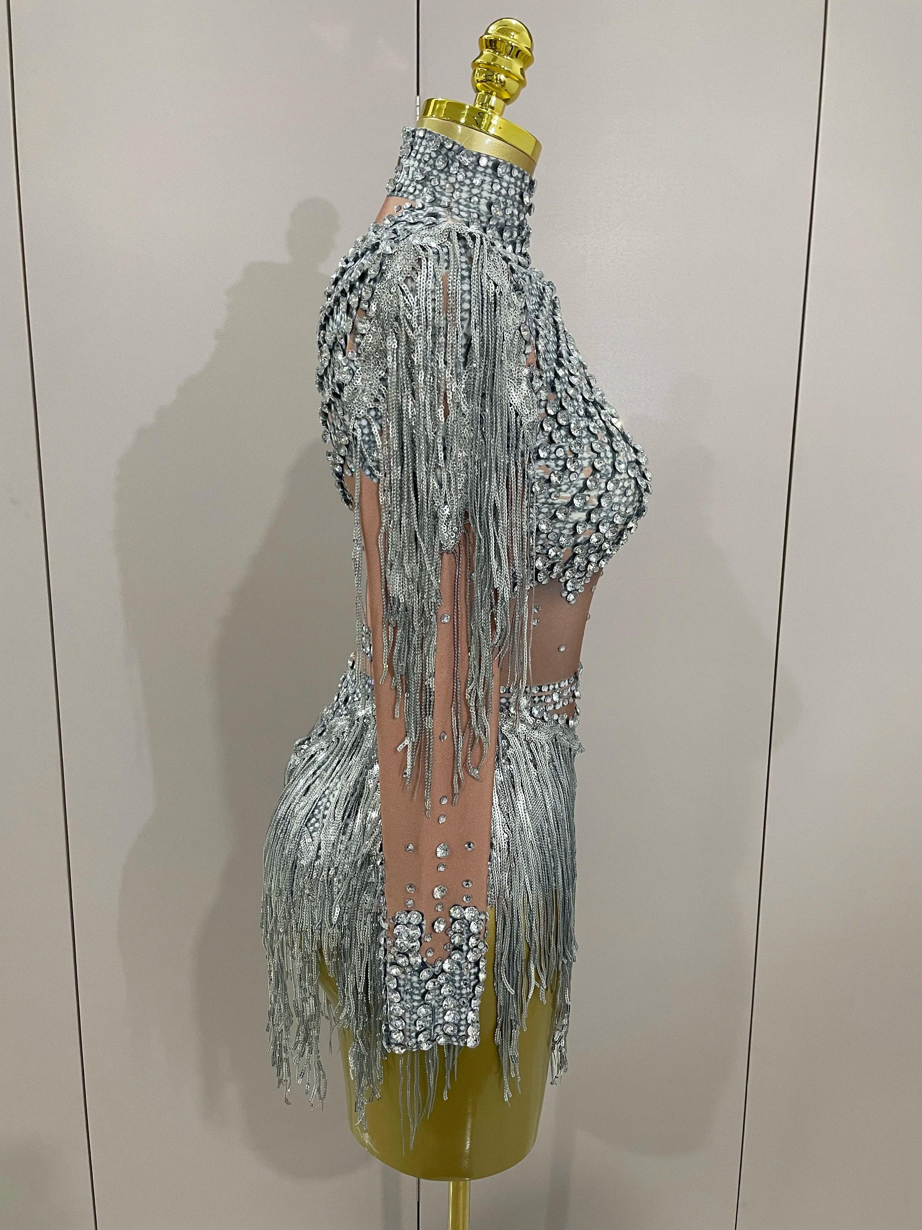 Chambersburg Sparkly Rhinestone Sequin Tassel Stretch Jumpsuit