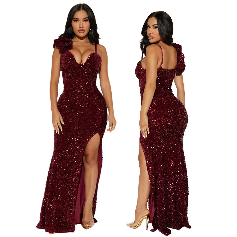 Bayone Sexy Sequins Solid Sexy Slim Fit Evening High Waist Elegant Lady Sleeveless Split Dress