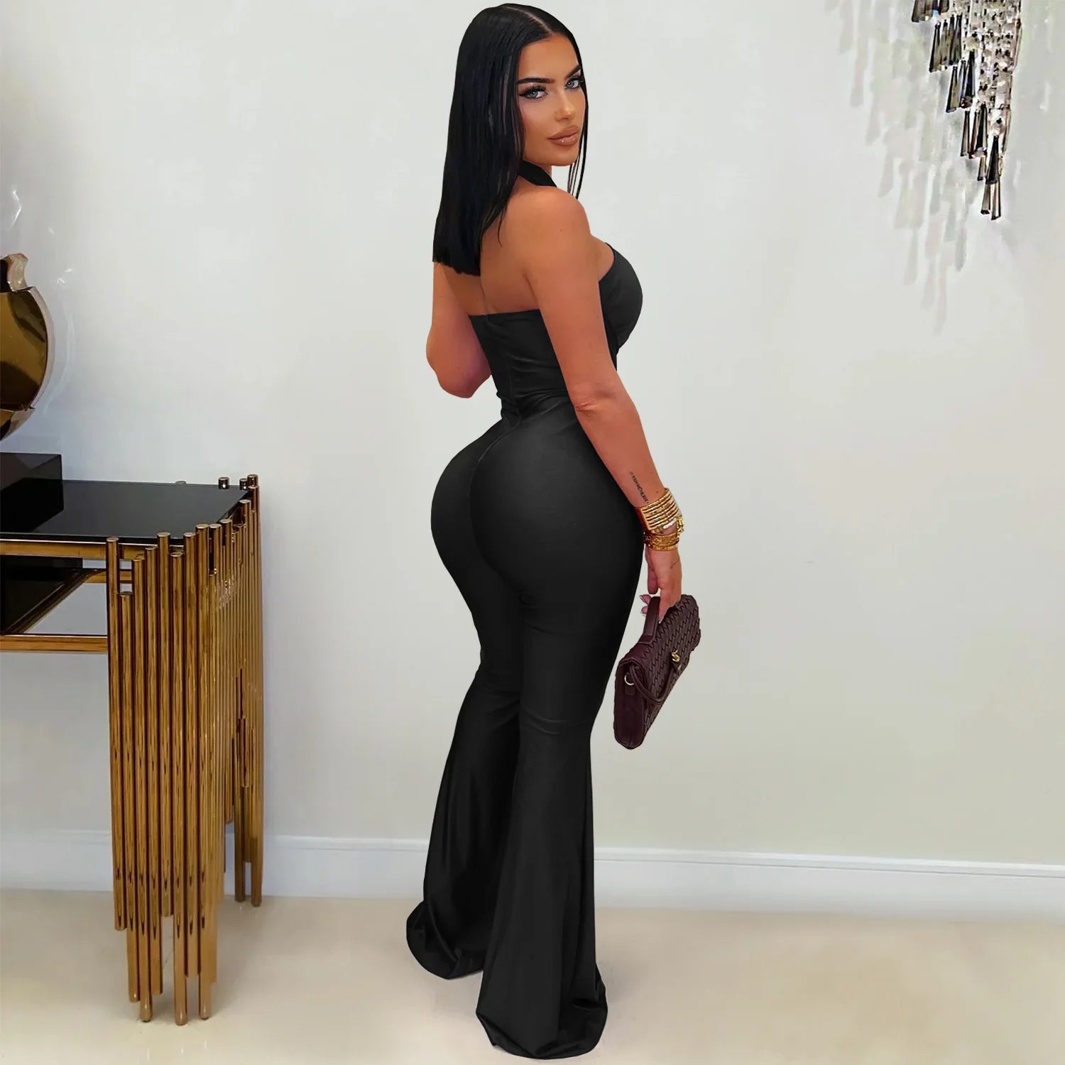 Peterborough Hollow Out Bandage Patchwork Halter Sleeveless Backless Jumpsuit