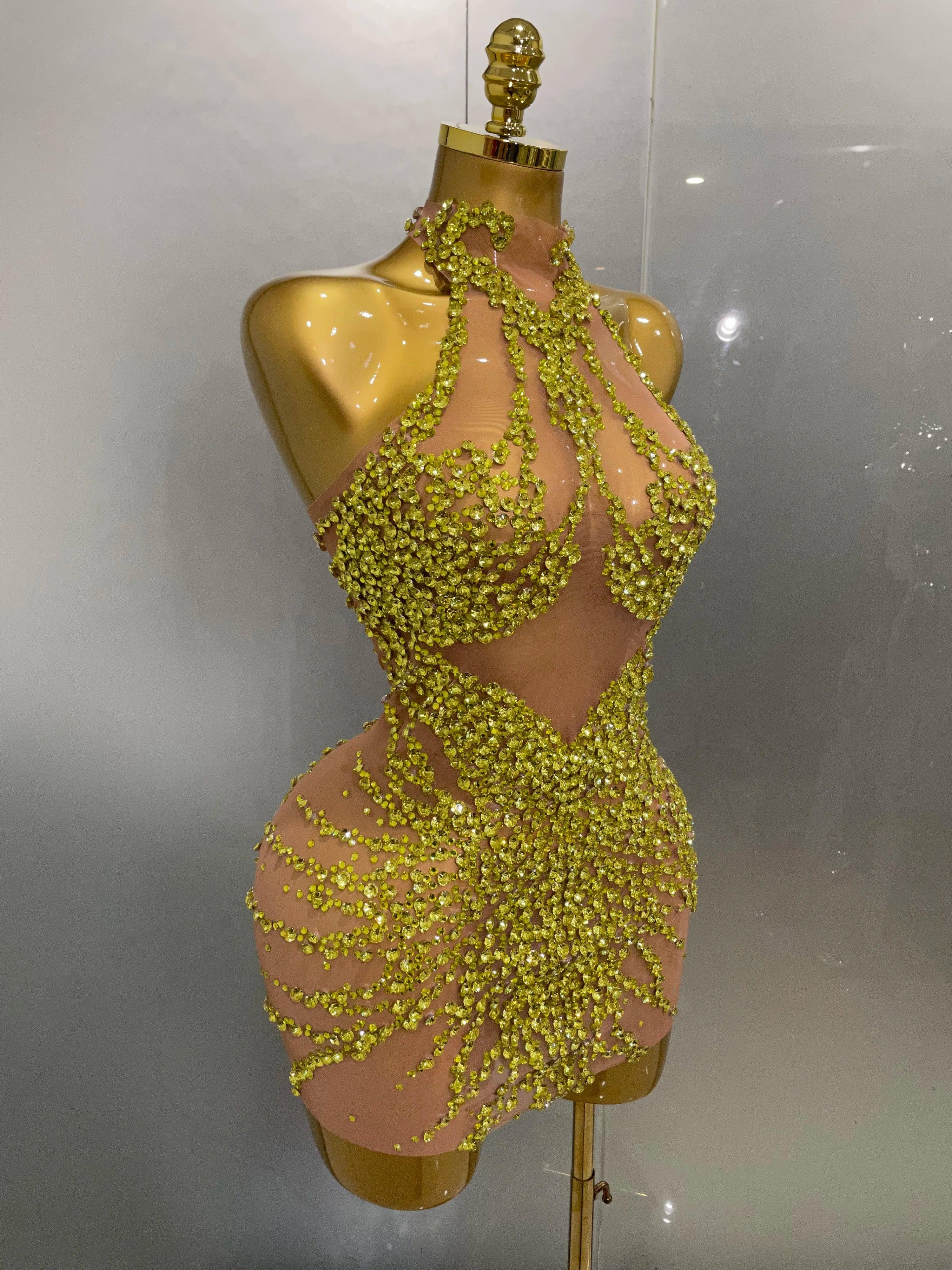 Elmira Rhinestones Sexy Mesh See Through Dress Party Evening Dress