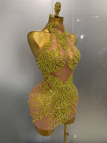 Elmira Rhinestones Sexy Mesh See Through Dress Party Evening Dress