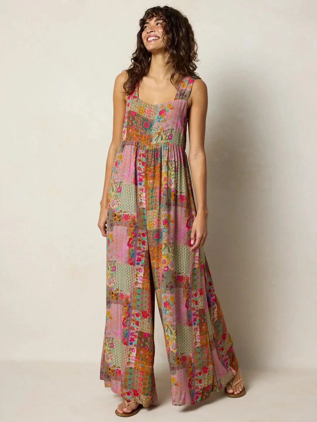 Plus Size Women Boho Floral Jumpsuit 2026 Summer Sleeveless Wide Leg Elastic Waist