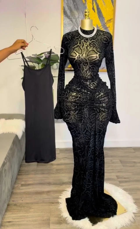 Peru Long Sleeve Stacked Mesh See Though with Lining Bodycon Long Dress