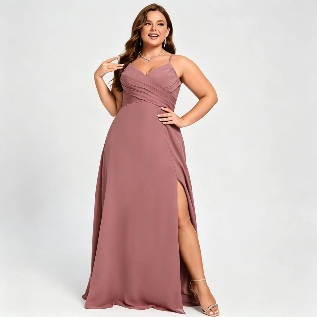 Lawrence Plus Size Chiffon Bridesmaid Dress Dusty Rose Crisscross Back Slit Formal Gown